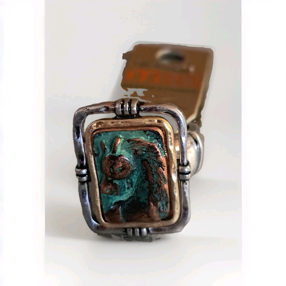 Mia Boho Sterling Silver Copper Ring Rectangular Turquoise Patina Band OS